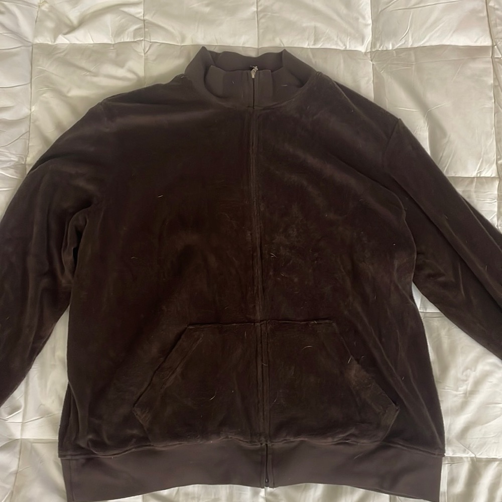 Talbots Brown Fuzzy Zip Up With Floral Patterns.